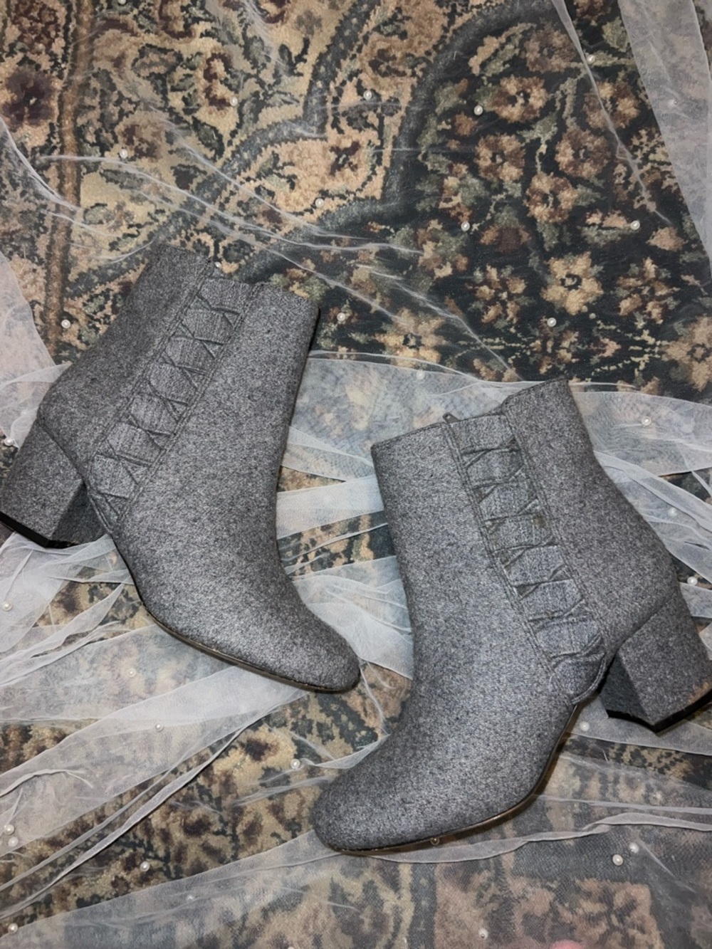 Nine West Gray Felt Ankle Booties with Mid Block Heel